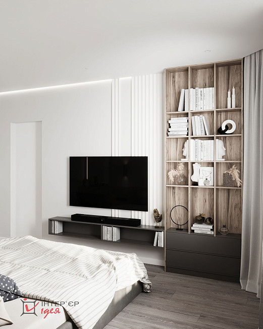 Современный интерьер спальни 14 м2