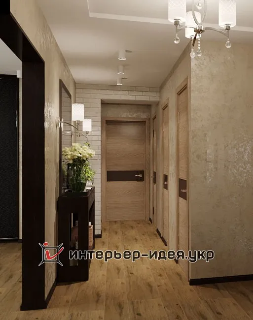 Дизайн проходной прихожей с кирпичной кладкой